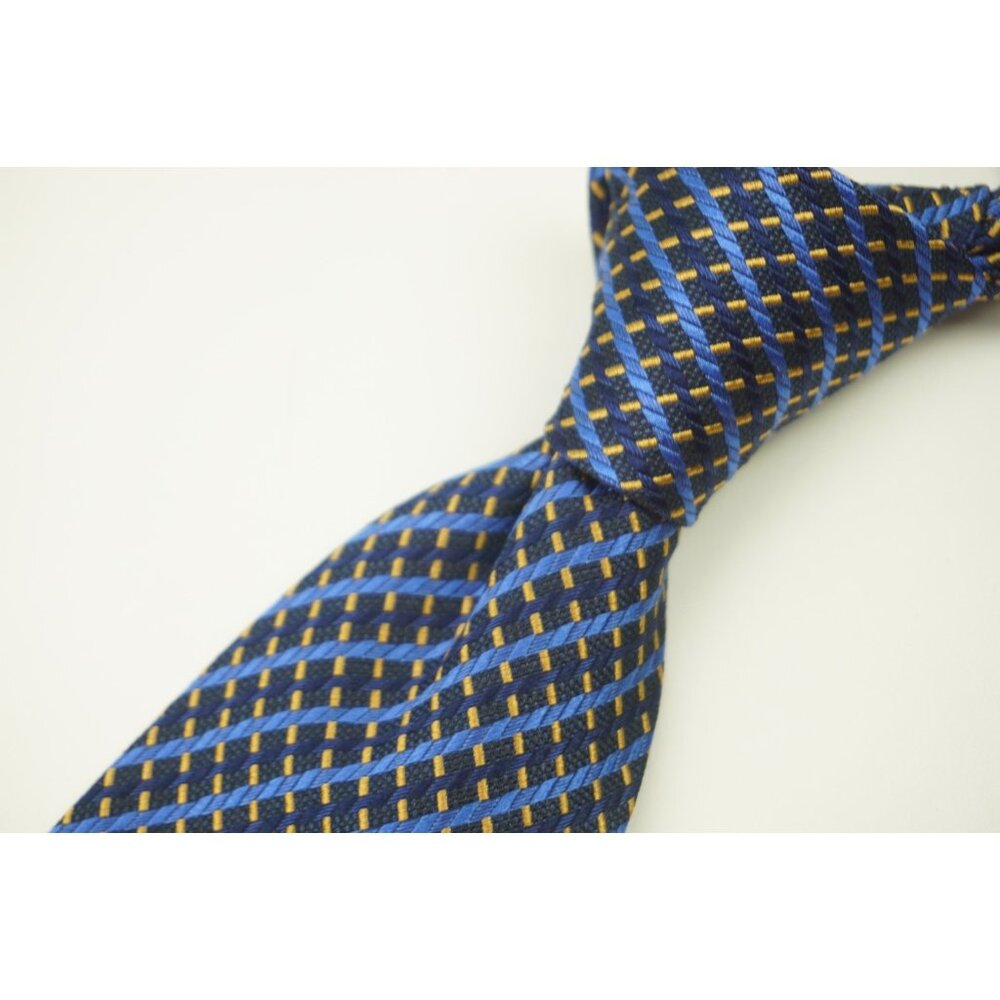 Luciano Barbera Woven Plaid Sky Blue Navy Gold 100% Silk Tie